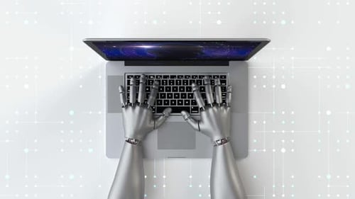 AI Robot Hands Typing on Modern Laptop with Digital Network