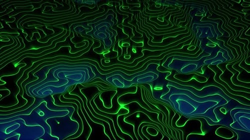 Looped animation of digital landscape hologram with bright green lines and soft blue glow effect
