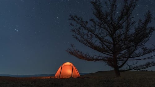 Timelapse of Camp with Orange Illuminated Tent Near Tree at Night and Moonset