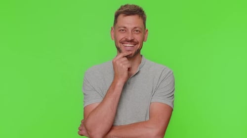 Man Smiling and Thinking on Green Screen