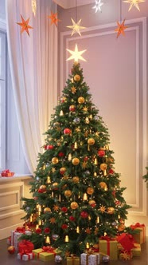 Cozy Christmas Interior with Decorated Tree and Fireplace Pan