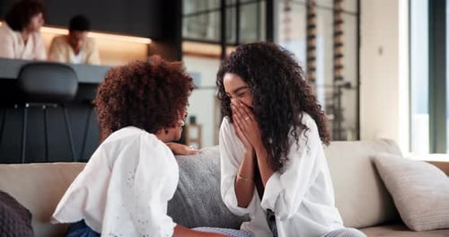 People, conversation and funny joke in home, friends and women with crazy story in lounge