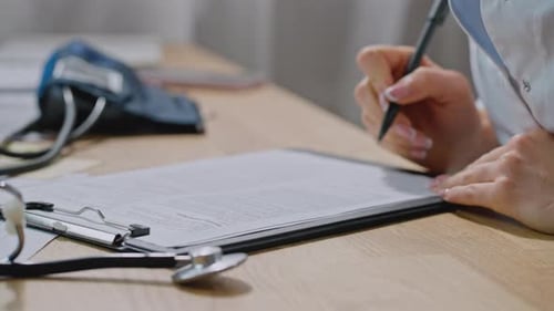 Close Up Professional Female Doctor Wearing Uniform Taking Notes in Journal