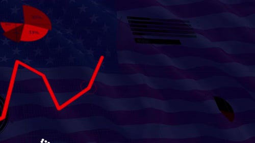 Tariff Impact Charts and Graphs on US Flag – 3D Economic Data Animation