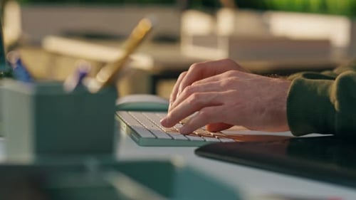Freelancer Hands Typing Keyboard Office Close Up Man Fingers Working Computer