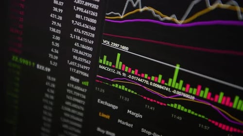 Stock market. Trading in the stock exchange. Moving numbers and charts