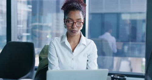 Typing, reading and laptop with business woman in office for patent lawyer