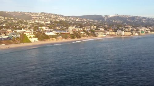 Downtown Laguna Beach, at Sunset. Orange County, Southern California Coast, USA. Drone View of Ocean