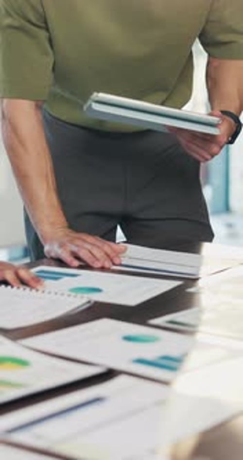 Data analysis, meeting or hands with tablet with paper, teamwork or budget strategy on revenue