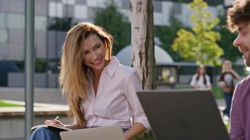 Attractive Woman Study Outdoors Talking Friend Closeup Freelance Partners Work