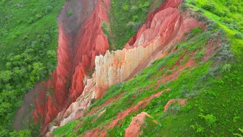 Luftaufnahme des Roten Canyons in Kasachstan mit leuchtenden roten Felsformationen, denen üppige Felsformationen gegenüberstehen