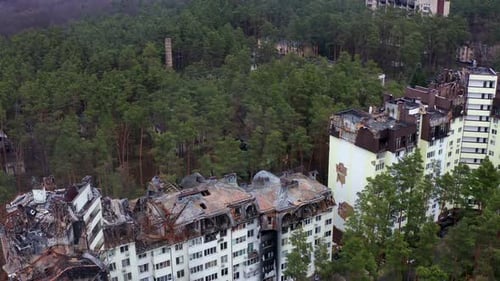 Aerial view of the destroyed and burnt houses.