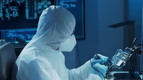 Mikroelektroniker arbeitet in einem modernen wissenschaftlichen Labor an Computersystemen und