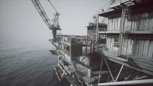 Old Oil Platform Standing in the Ocean with Cranes at Twilight