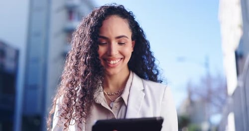 Business, woman and smile on tablet in city for planning, reading news report