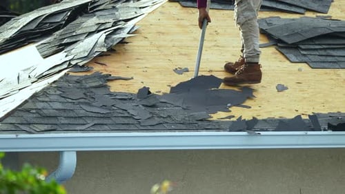 Construction Worker Removing Old Shingles from Rooftop