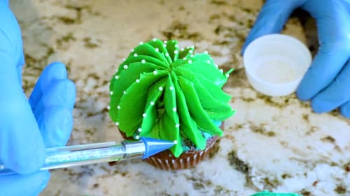 Cupcake Decorated with Green Frosting and Sprinkles