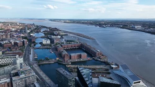 Aerial view of Liverpool England skyline and landmarks daytime summer