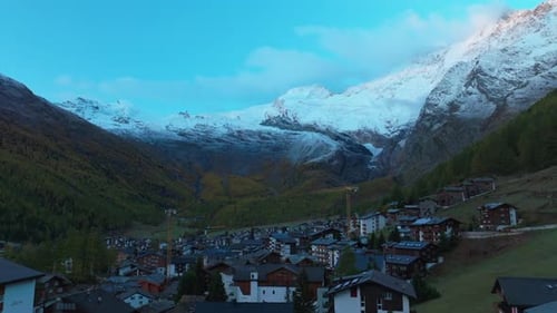 Sunrise Saas Fee Saastal Switzerland aerial drone bridge gondola Metro Alpin tram Swiss Alpine Alps
