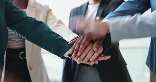 Stack of hands, solidarity and business people in office with unity, collaboration and teamwork