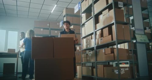 Slow Motion of Warehouse Associate Taking Cardboard Parcel From the Shelf Loading on Pallet Truck