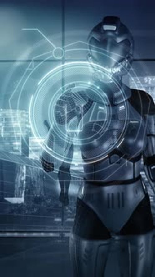 Futuristic Cyborg Interacting with Holographic Augmented Reality Interface