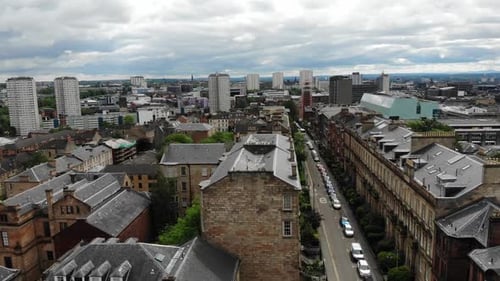 Aerial view of Glasgow, Scotland with modern buildings
