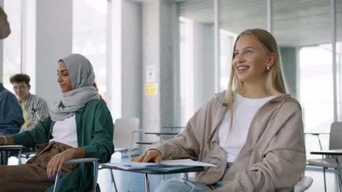 University Students with Teacher Studying Indoors, Lesson in Classroom