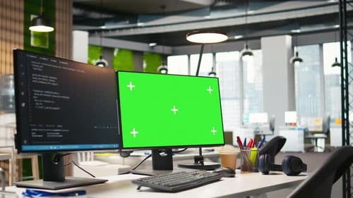 Green Screen PC Display on Startup Office Desk Showing Programming Languages