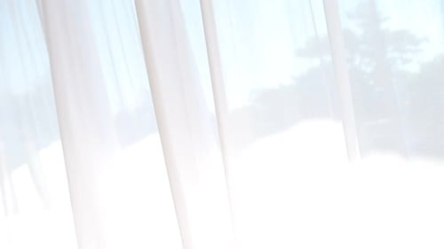 Light Breezy Sheer Curtain Blowing in the Wind with Garden Behind It