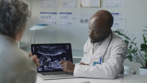 Un médecin noir explique une image échographique fœtale sur un ordinateur portable à une patiente