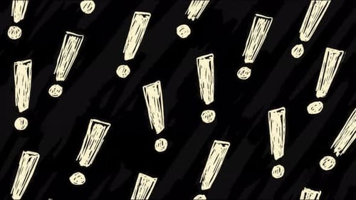 Dynamische monochrome Ausrufezeichen und Punkte auf schwarzem Hintergrund, Animation