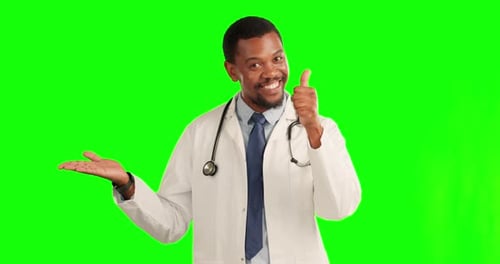 Black man, doctor and thumbs up on green screen for advertising or marketing against a studio