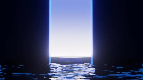 Futuristisches blaues Portal über reflektierendem Wasser