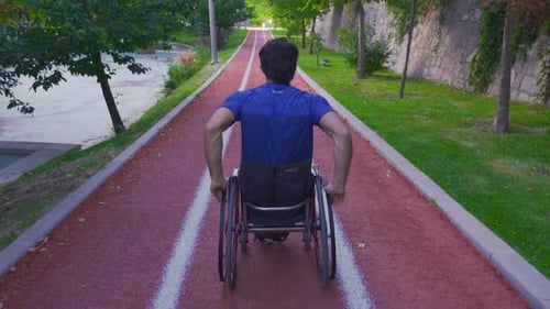Man in Wheelchair on Park Path on Sunny Day