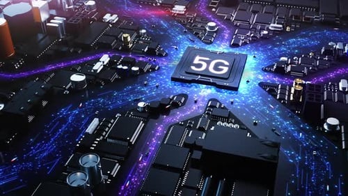 5G technology , a stylized city composed of electronic components.