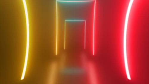Abstract looping rectangle tunnel neon yellow red energy glowing from lines background