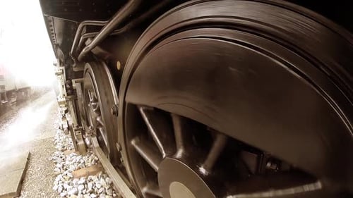 Historical Steam Engine Train Locomotive Driving on Railroad Tracks