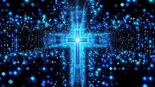 Glowing Blue Digital Cross Particle Worship Background