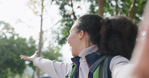 Vlog, selfie or happy woman hiking to travel in nature on social media on New Zealand holiday