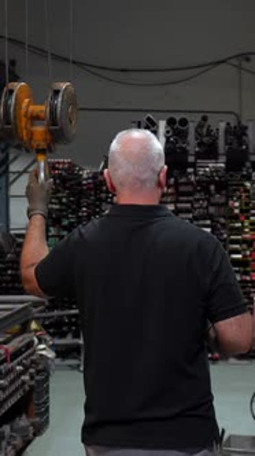 Worker Using a Crane in a Metal Workshop