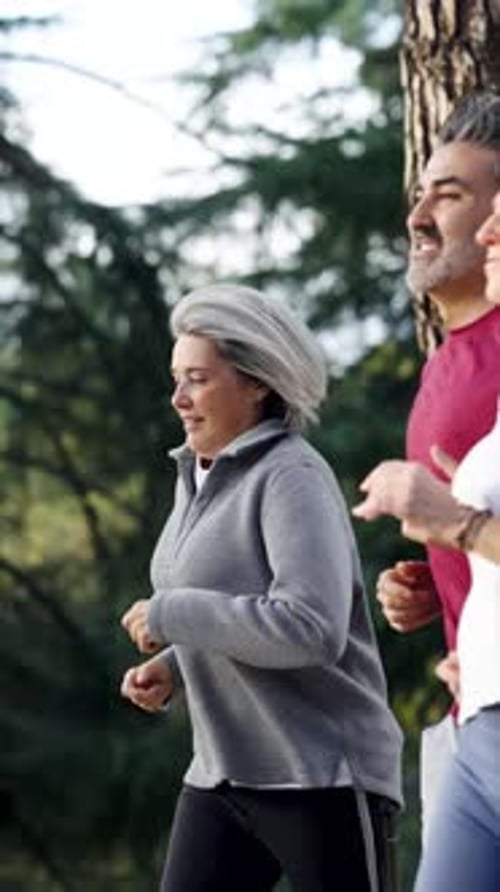 Senior Couple and Friends Jogging Together in a Park Vertical