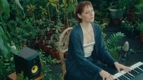 Talented Woman Playing Keyboard and Singing in Indoor Garden