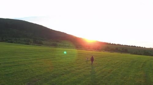 Young Happy Woman Running on Rural Fields with Dog Playing with Adorable Dog Puppy and Enjoying
