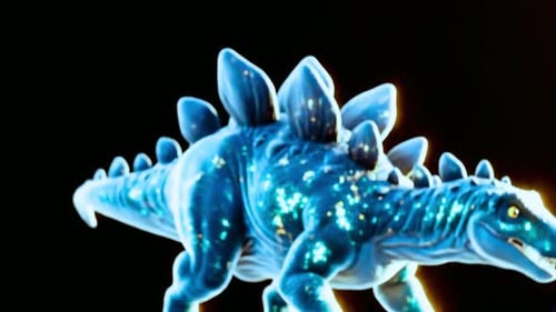 Close-up of a blue stegosaurus dinosaur with glowing spots on a black background, cinematic video fo