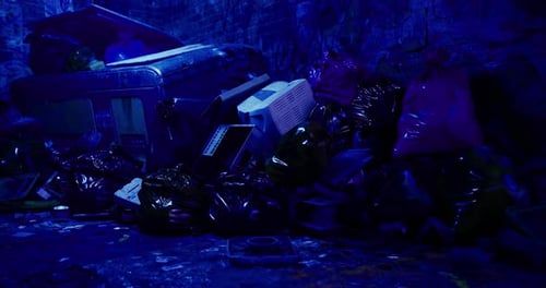 Dark Urban Alley with Trash and Blue Light
