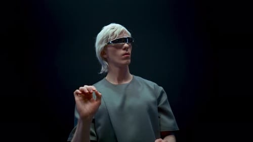 Augmented Reality Guy Play Metaverse Game in Glasses Futuristic Light Closeup