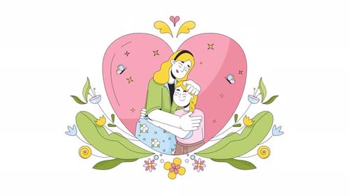 Animated Mother and Child Hug Illustration with Floral Accents