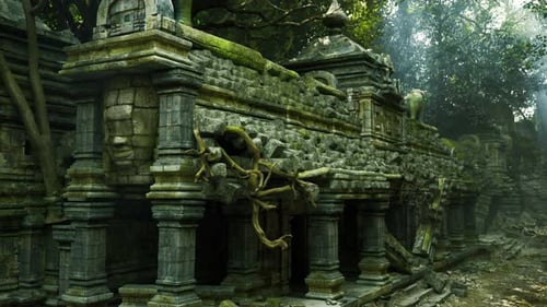 D'anciennes ruines de pierre couvertes de vignes dans la jungle cambodgienne