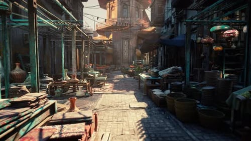 Animated Market Street View with Detailed Merchant Stalls